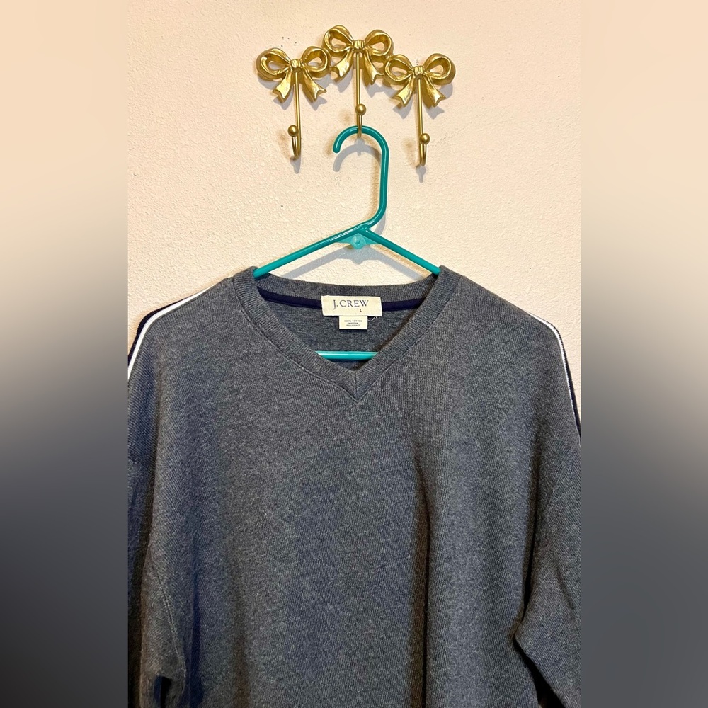 J. Crew Charcoal V-Neck Men's Sweater with navy and white stripes down arms.